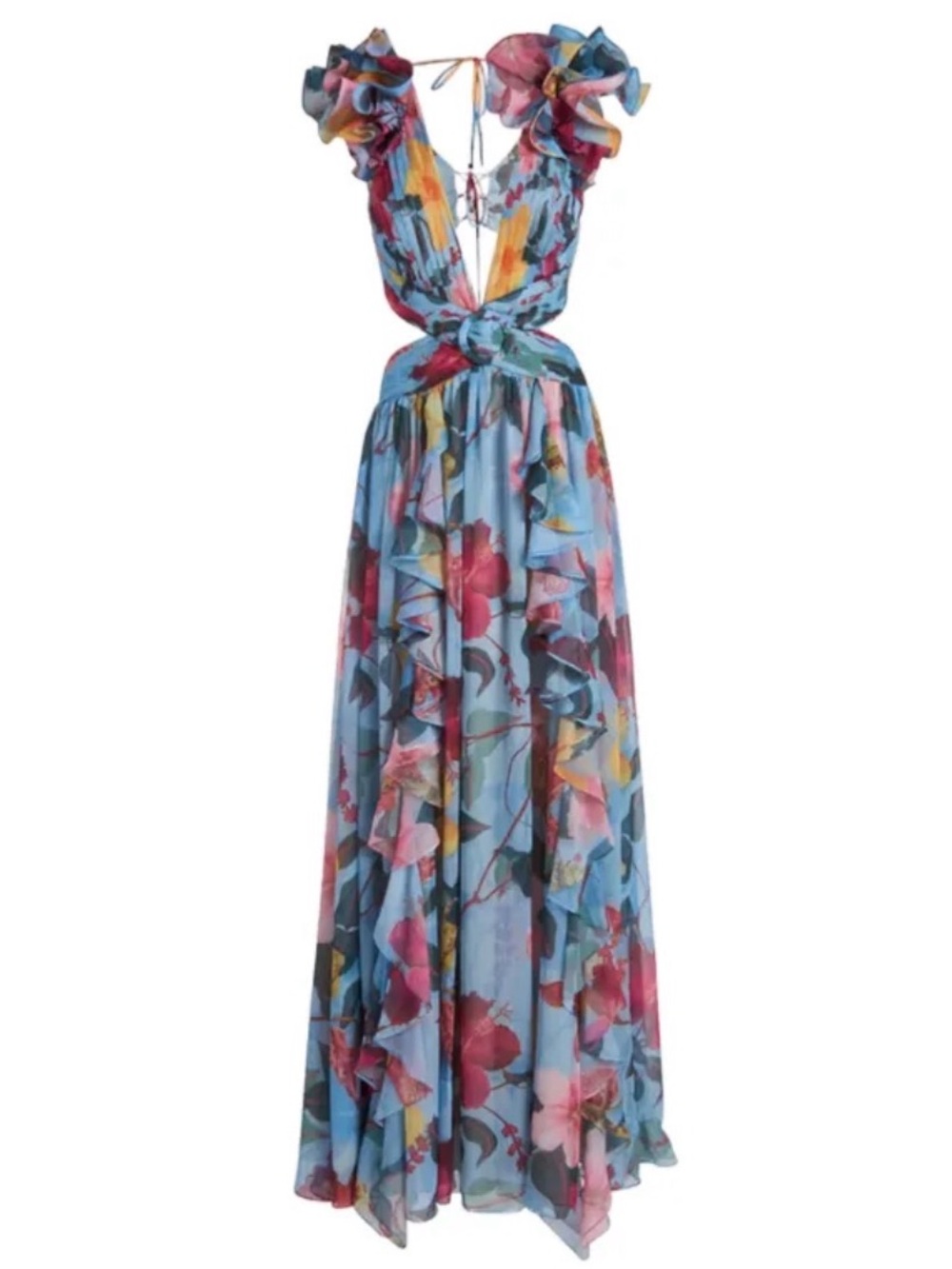 PatBO Blue Floral Ruffle Tie-Back Maxi Dress